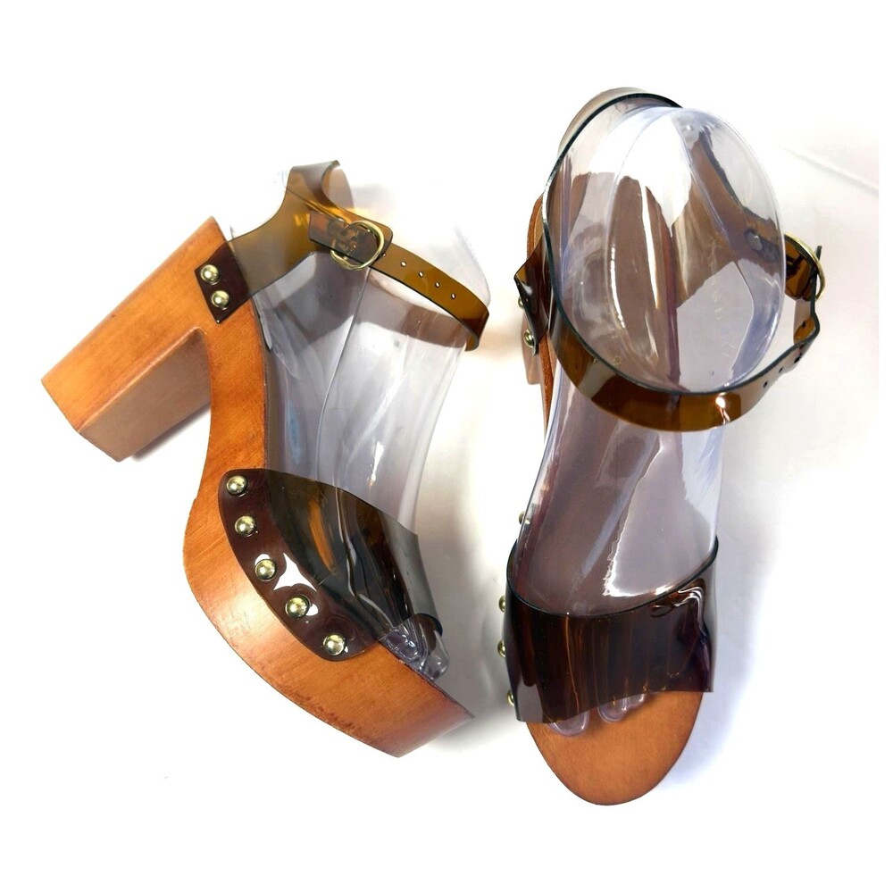 Madden Girl Wood Platform Clog Heels Brown Clear Strap Studded Size 6. NWOT